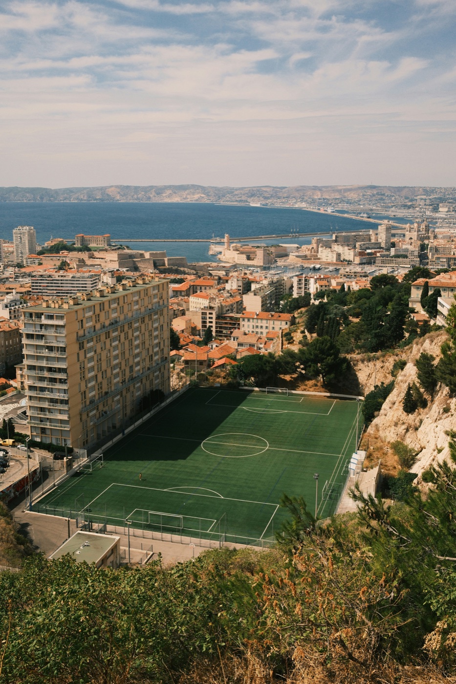 A football pitch above the city and the sea